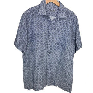 Tasso Elba L blue & white print‎ 100% linen casual short sleeve shirts